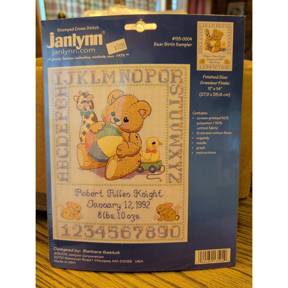New Vintage Stamped Cross Stitch Kit Janlynn Birth Bear Birth Sampler 135-0004